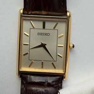 Seiko Gold Tone Square Watch with Brown Strap
